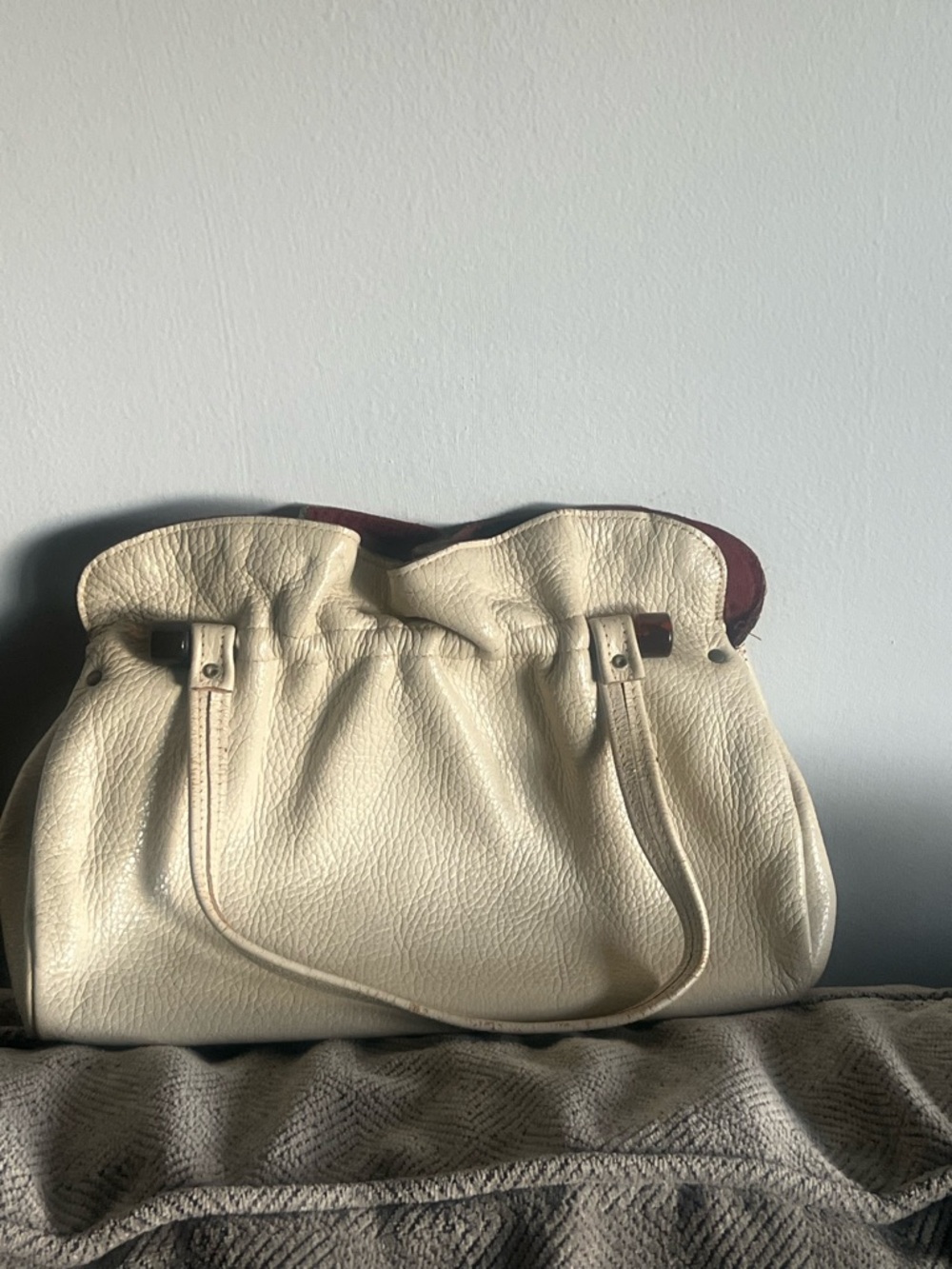 Cream Leather Drawstring Shoulder Bag